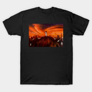 Astral projection over a orange sunrise city T-Shirt